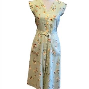 Green linen floral dress ruffle sleeveless